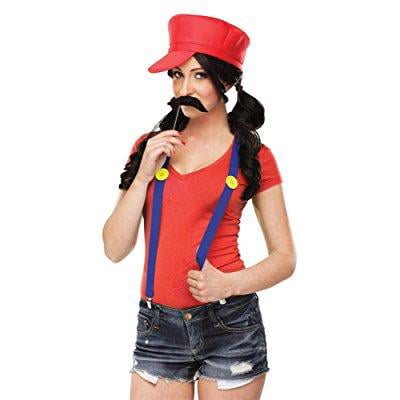 Video Game Gal Mario Luigi Brothers Hat Moustache Suspenders Womens Costume
