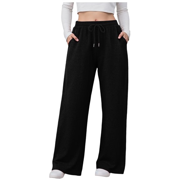 Ccpelsie Womens Casual Sweatpants Fashion Baggy Wide Leg Sweatpant Warm Fall Winter Straight Leg Sweat Pants with Pockets(A01-Black,XL)