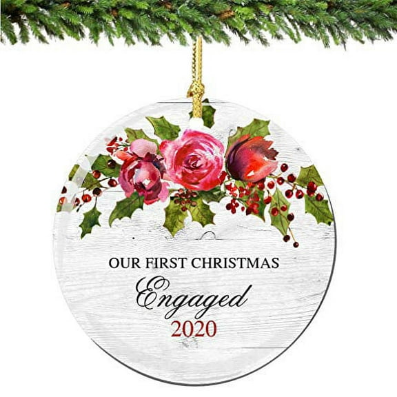 Our 1st Christmas Engaged Ornament 2023 Holly Porcelain Ornament Fiance Future Newlywed Gift Idea