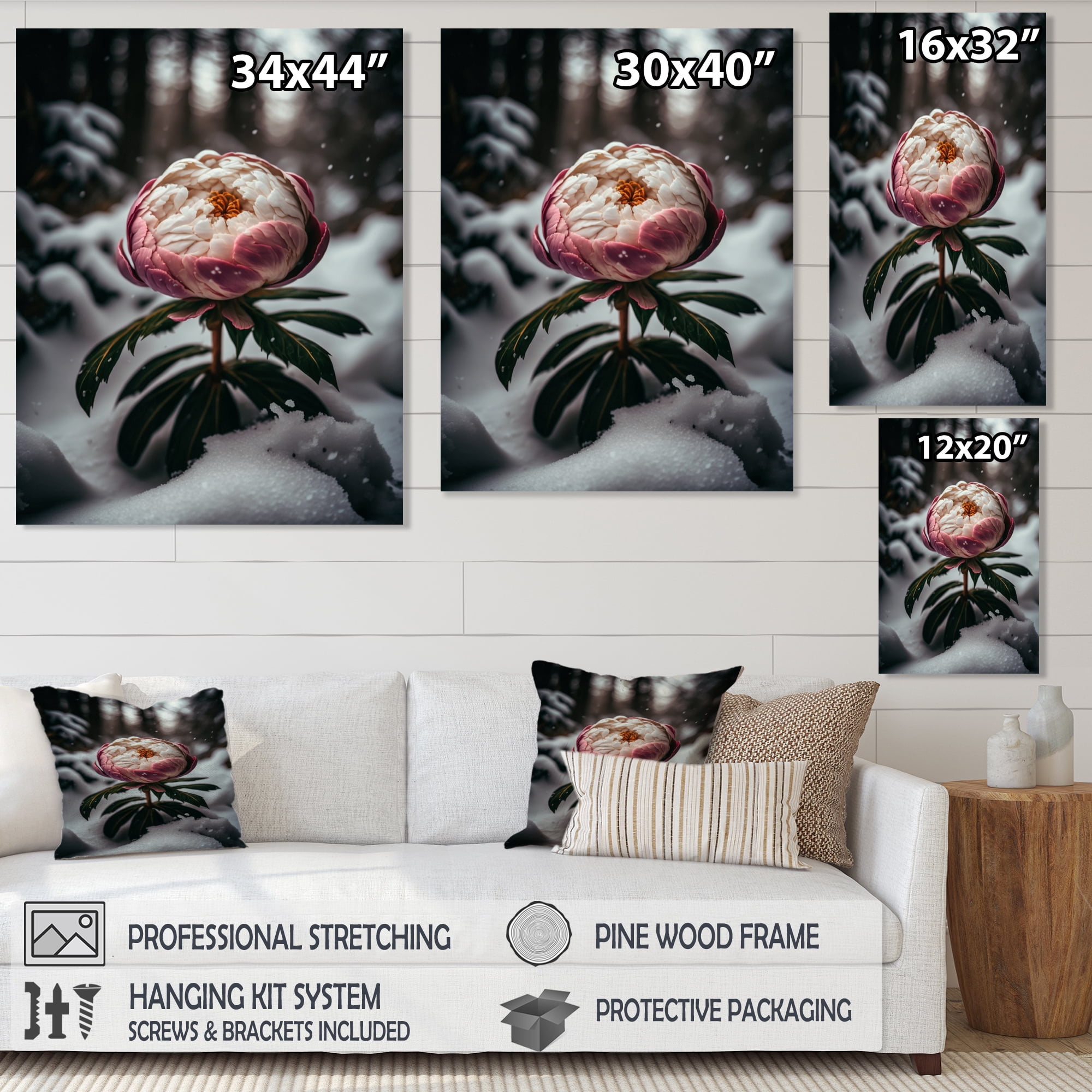 Designart A Blooming Pink Peony Flower In Winter I Canvas Wall Art