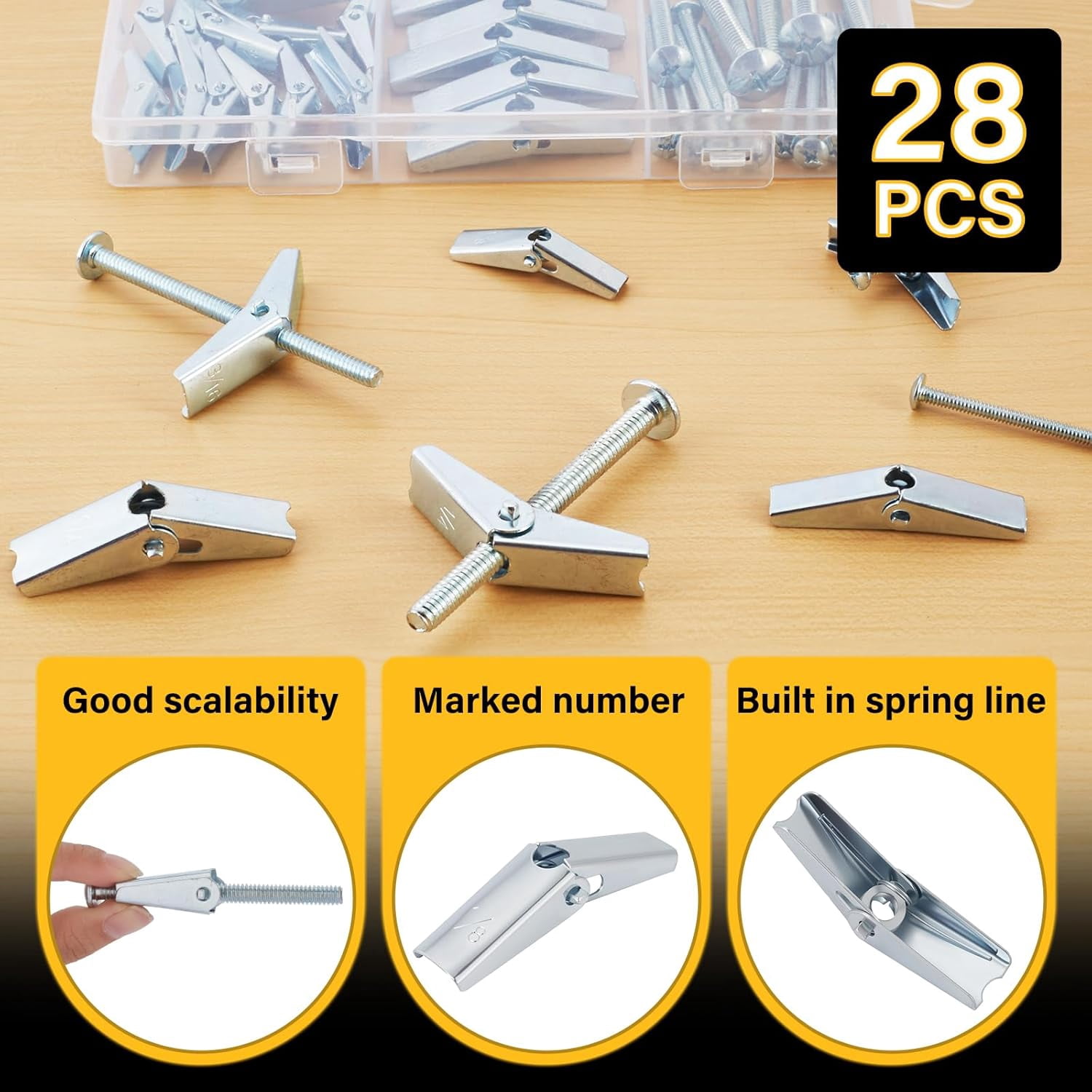 28PCS Heavy Duty Toggle Bolts and Wing Nuts Kit, 3 Sizes (1/4" 3/16" 1/8") Hollow Wall Anchors for Drywall, Plaster & Ceiling, Butterfly Anchors for Hanging TV Mount, Shelves, Heavy Mirrors