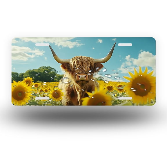 License Plate,Brown Highland Cow in Sunflower Field Decorative Front,Personalized Stainless Steel License Plate Cover For Men Women,12.2" X 6.2"