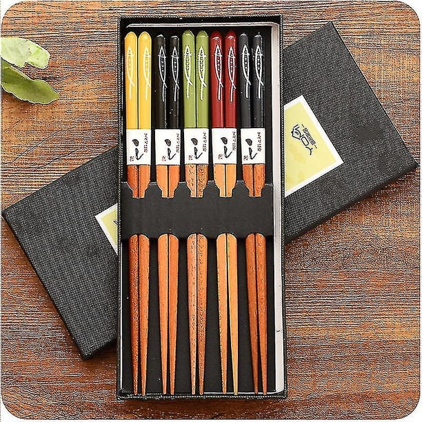5 pares de palillos chinos ecológicos de bambú hechos a mano de madera, palillos chinos de sushi de madera, palillos chinos de flores de cerezo con forma de gato de la suerte, varios estilos de pez