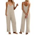 thumbnail image 3 of Women's Jumpsuit, Cotton Linen Sleeveless Overalls with Spaghetti Strap and Pocket, Casual Summer Romper and Beach Cover Up-Beige, 3 of 8
