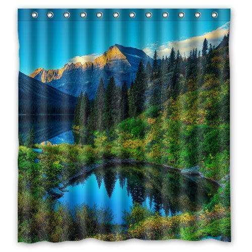HelloDecor Lake Mountain Scenery Shower Curtain Polyester Fabric Bathroom Decorative Curtain