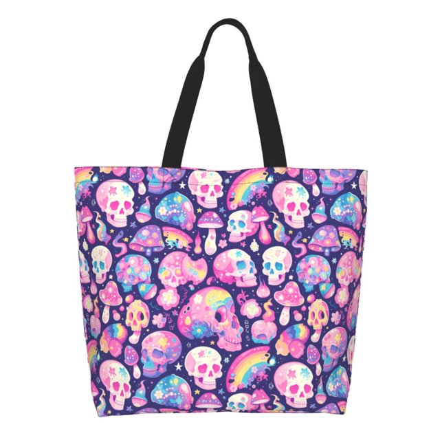 Disketp cartoon rainbow Skull Bolsa Tote Estampada para Mujer, Bolso de Hombro y de Mano para Compras y Viajes