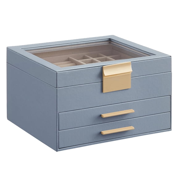 Joyero SONGMICS de 3 capas con tapa de vidrio, 8 x 9,1 x 5,3 pulgadas, azul ahumado