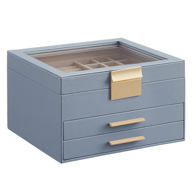 Joyero SONGMICS de 3 capas con tapa de vidrio, 8 x 9,1 x 5,3 pulgadas, azul ahumado