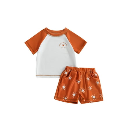 

Canrulo Toddler Baby Boy Summer Swimsuit Short Sleeve Tops Sun/Floral Print Shorts Rash Guard Set Swimwear Coffee 2-3 Years