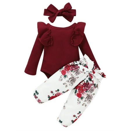 

Baby Girls Outfit Long Sleeve Knit Romper Floral Print Long Pants Headband Set