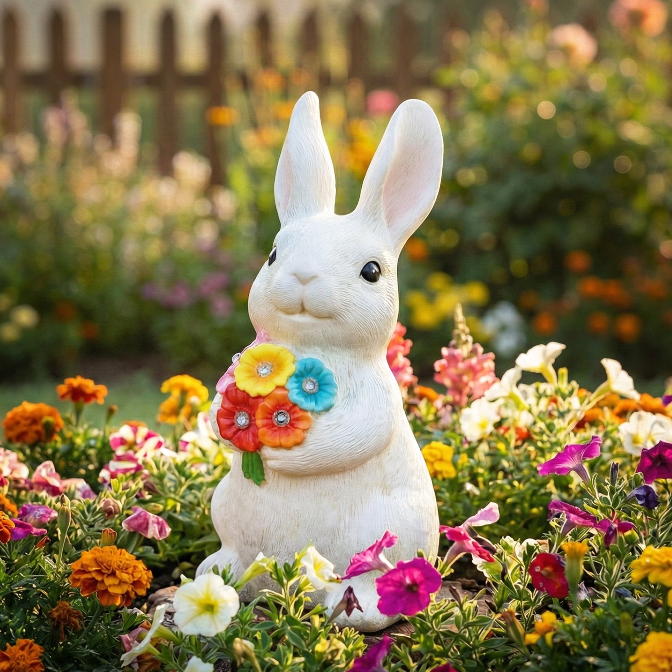 The Growing Ground Solar Bunny Garden Statue with LED Light, Outdoor Resin Rabbit Lawn Decor for Garden, Patio, Pathway, 10.4"H, Cream