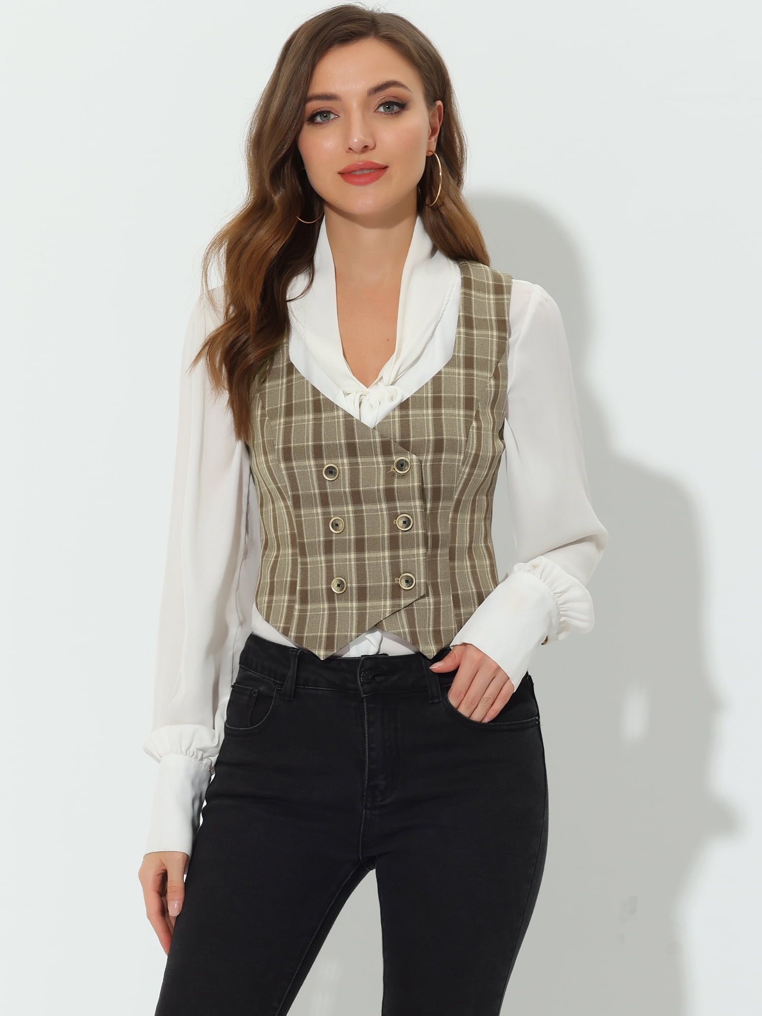 DARING DIVA Women's Costume Plaid Versatile Racerback Suit Vests L Brown