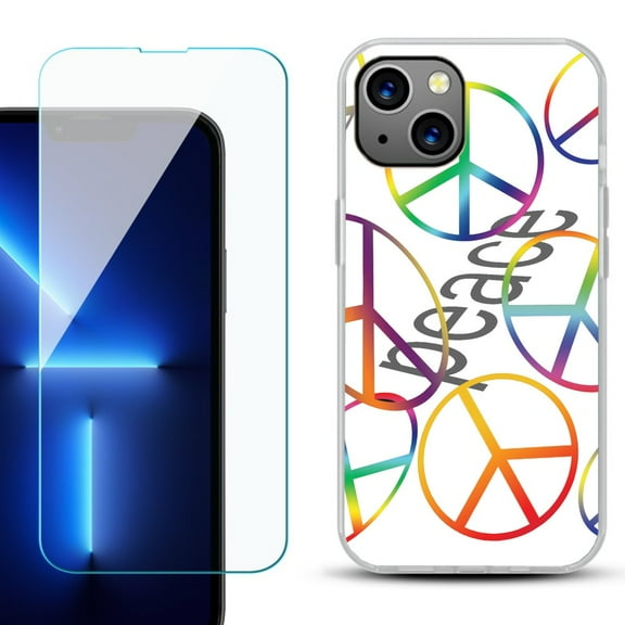 Slim-Fit Gel TPU Phone Case for iPhone 14, with Tempered Glass Screen Protector, by OneToughShield ® - Colorful Peace