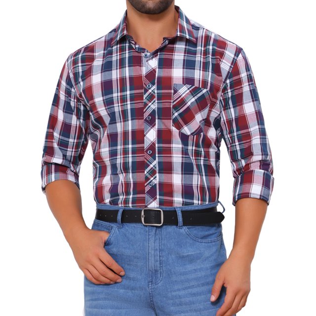 CAMISA DE VESTIR DE MANGA LARGA A CUADROS PARA HOMBRE INSPIRAR CHIC, CON COLLAR PUNTA Y BOTONES, TALLA XL, ROJO Y AZUL MARINO