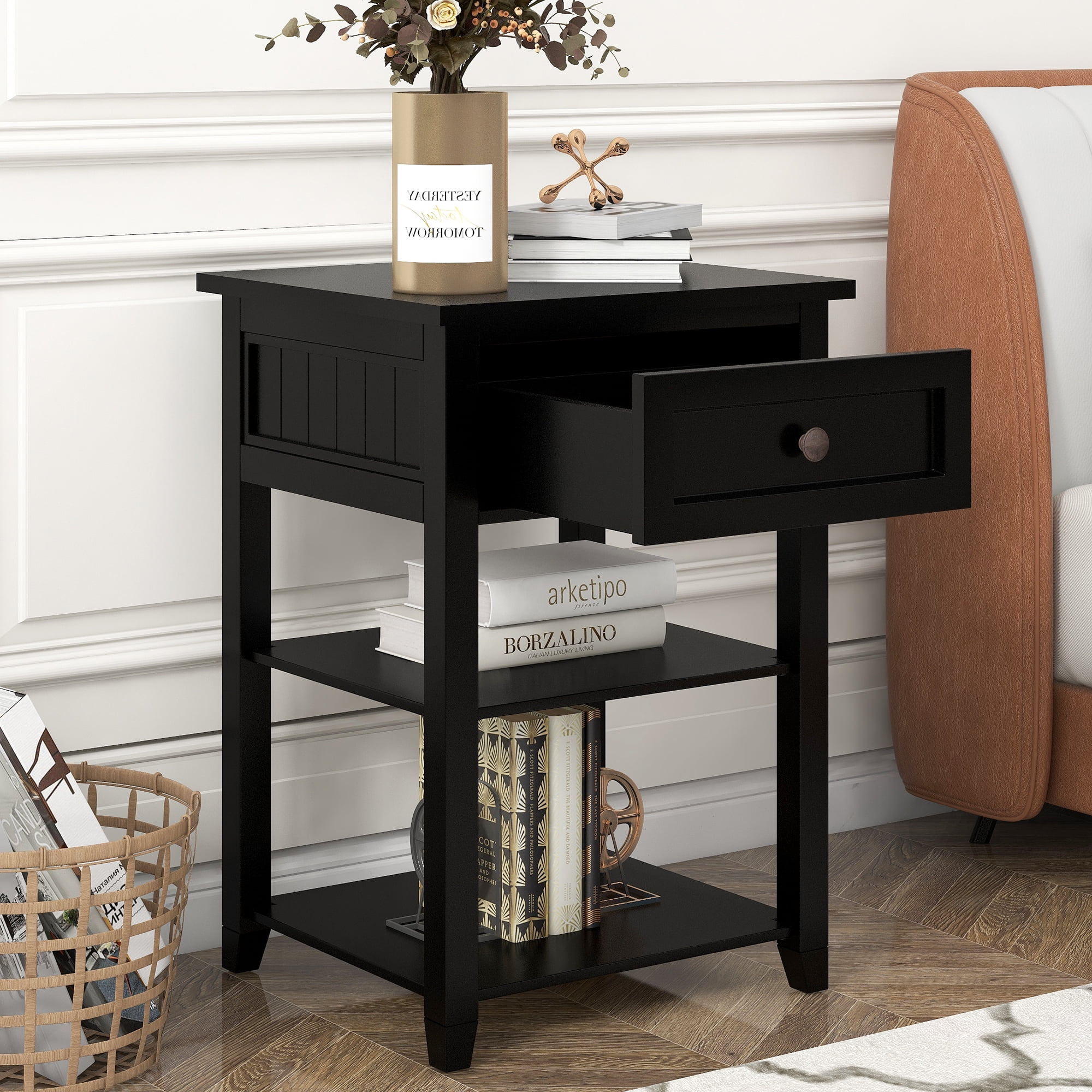 Modern Nightstand with Storage Drawer and TwoTier Shelves, Wooden End