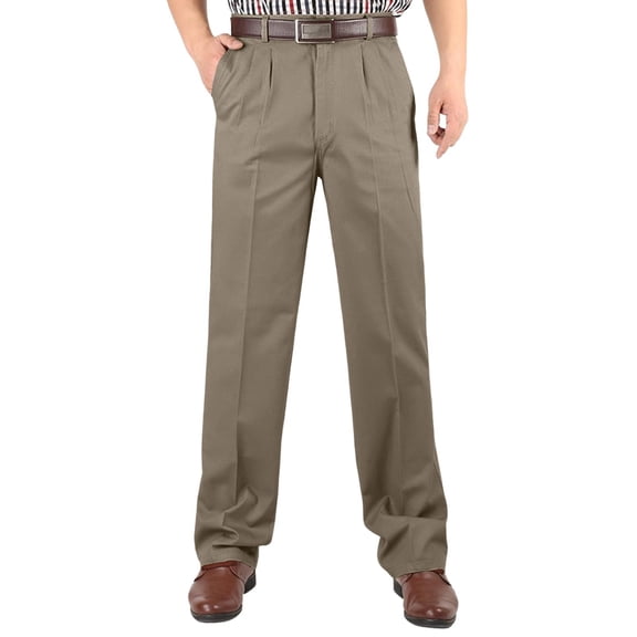 QIYAGBSA Men's Pleated Pants High Waist Straight Leg Relaxed Fit Business Casual Trousers (Khaki, 32)