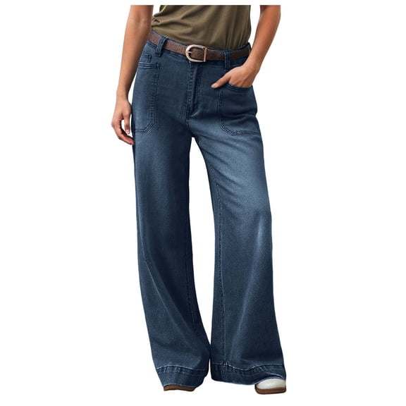 vigerkar Women Wide Leg Jeans High Waisted Straight Leg Baggy Loose Trendy Boyfriend Denim Pants with Pocket (Dark Blue, M)