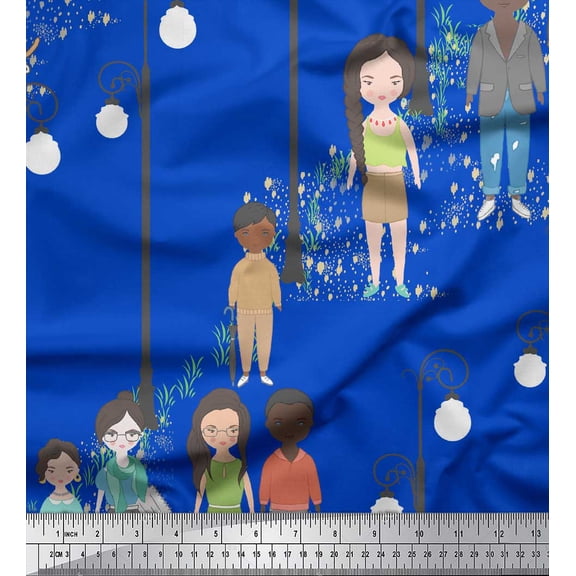 Soimoi Blue Poly Georgette Fabric Street Lamp Human Figure Printed Craft Fabric by the Yard 52 Inch Wide