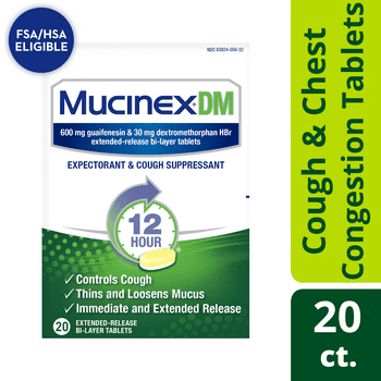 Mucinex DM 12 Hour Relief Tablets, 20ct, Controls Cough and Thins & Loosens Mucus That Causes Cough & Chest Congestion