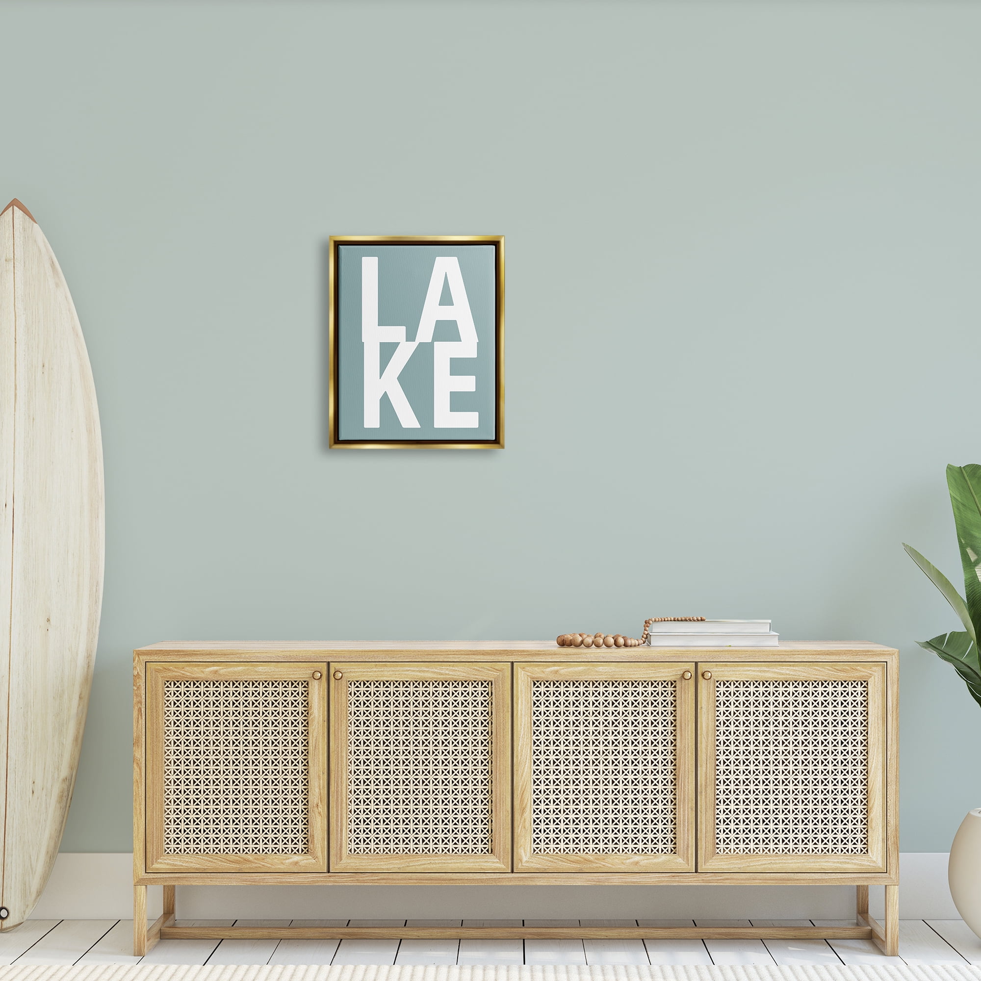 Stupell Lake Phrase Turquoise Letters Landscape Painting Gold Floater Framed Art Print Wall Art