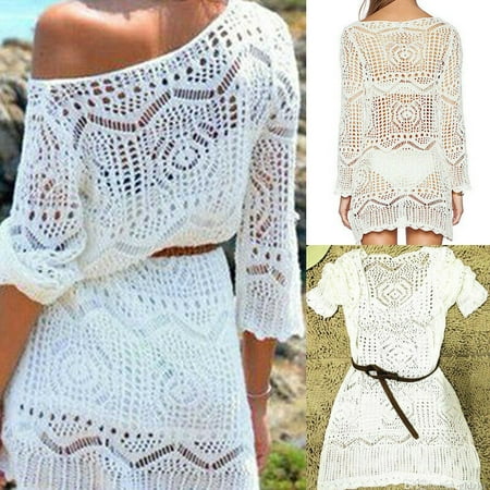 Women Elegant Lace Crochet Sexy Dress Cover Up 2019 New Summer Ladies Hollow Half Sleeve Casual Loose Mini Dress Beach Wear White Half