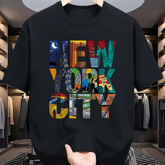 Summer men's 100% pure cotton casual loose fit plus size New York City printed comfortable round neck short sleeved T-shirt top