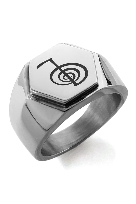 Stainless Steel Reiki Cho Ku Rei Power Engraved Hexagon Crest Flat Top Biker Style Polished Ring
