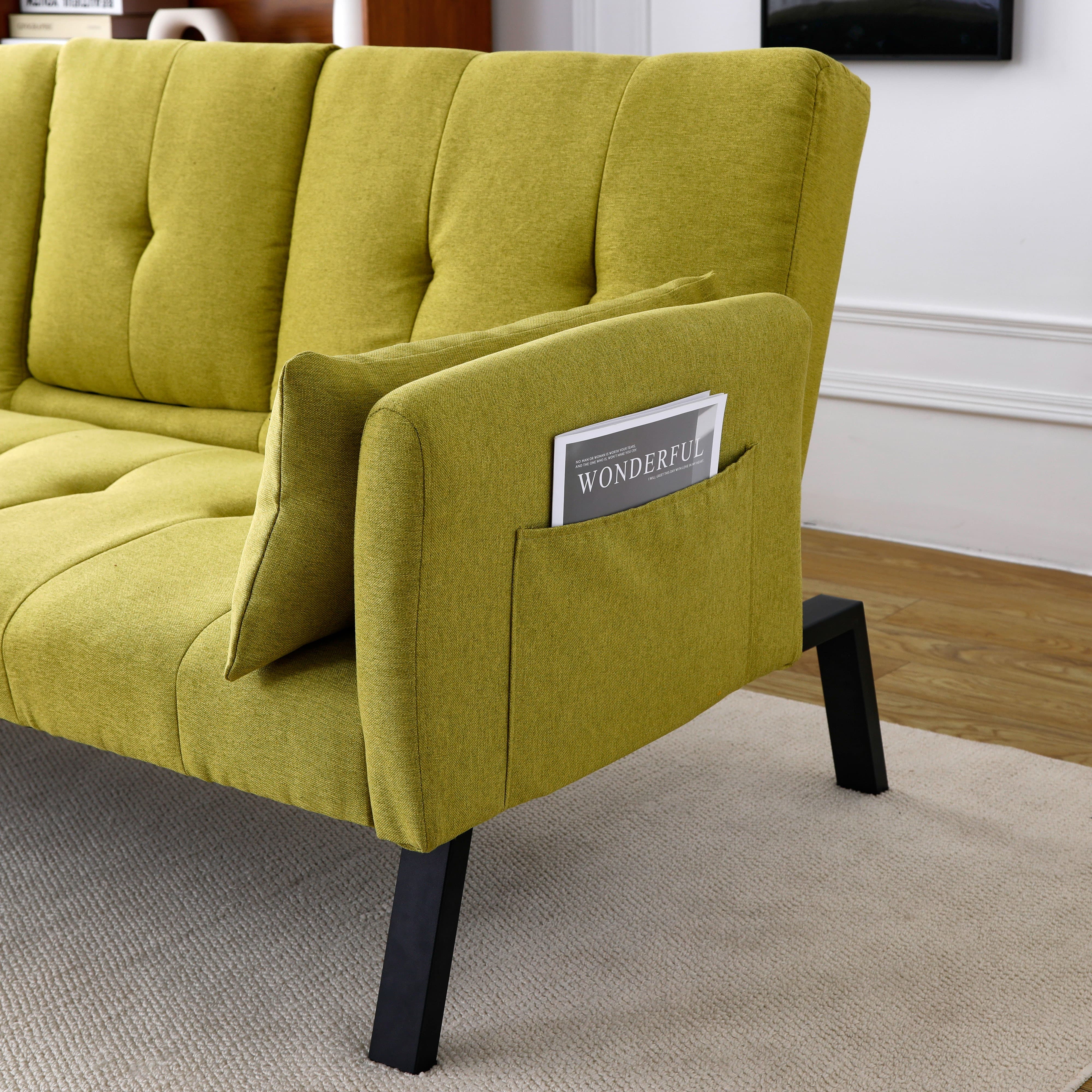 MAYEERTY 70" Linen Sofa Bed Foldable Sofa Couch with Cup Holder and Side Storage for Living Room, Bedroom and Apartment, Green