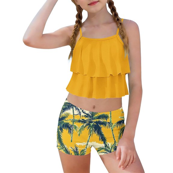 Scyoekwg Bathing Suits for Girls Everyday Ruffle Strapless Bikini Tops Swimming Trunks Set Slim Vacation Beach Bikini Fashion Print Multicolor, 12-13 Years