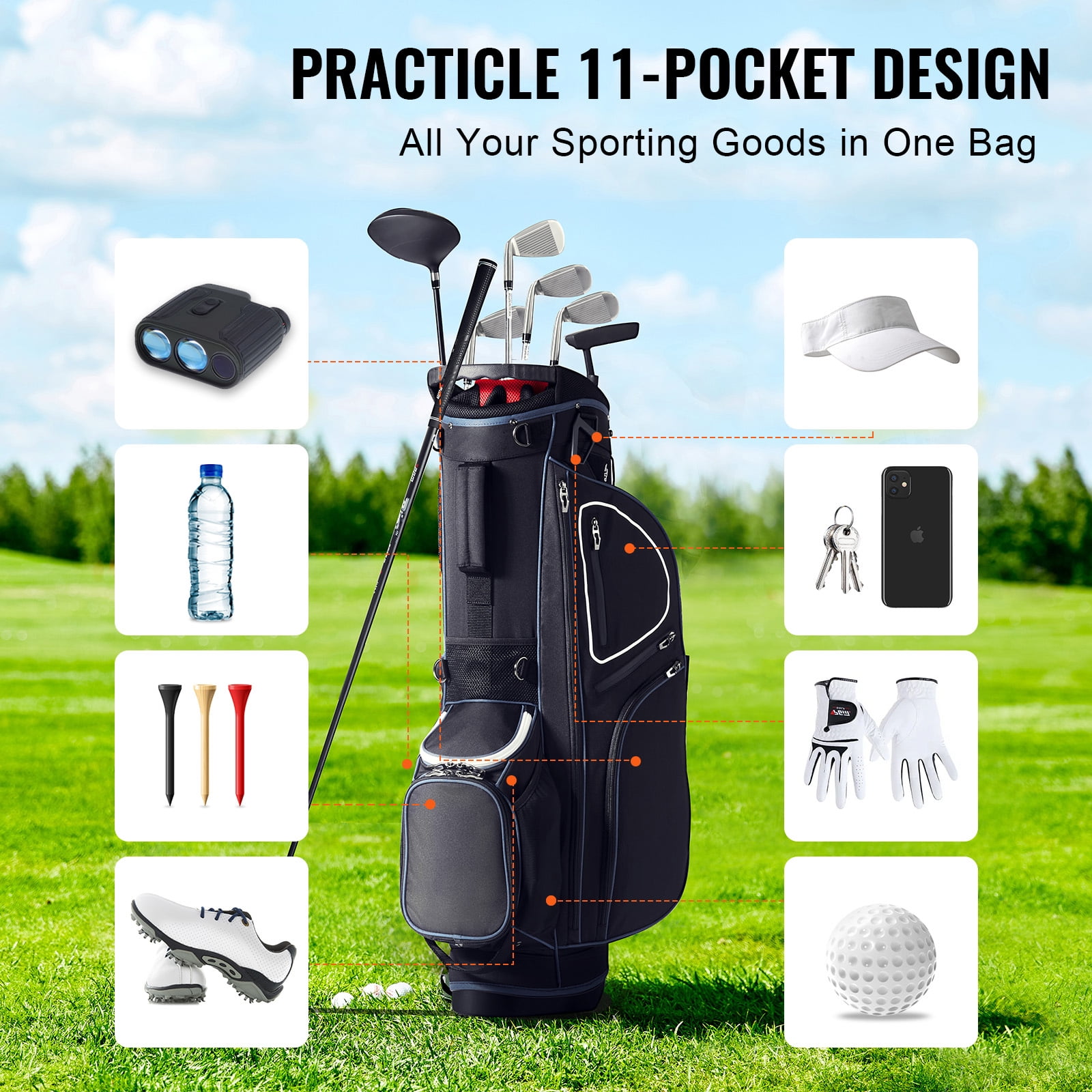 KFFKFF Golf Equipment Bag,14 Section Divider Top,35” 11 Compartments High-End Cart Bag with Stand,Robust Golf Carriers with Handles,Dust Protector & Removable Double Strap for Both Genders,Monochrome