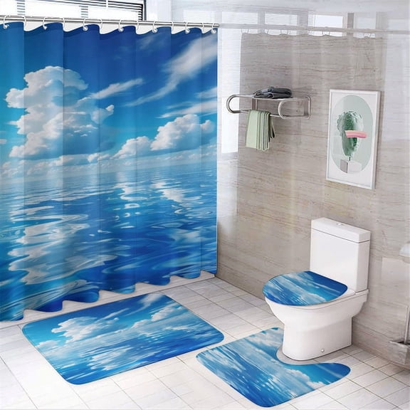 Bright Sunshine Through Deep Blue Sea 4Pcs Shower Curtain Set Shower Curtain Set with Carpet Bath Mat
