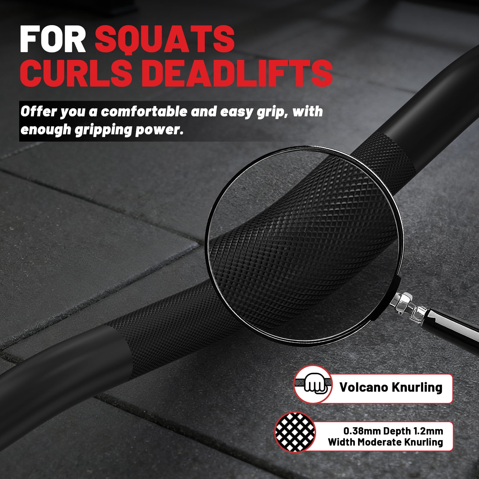 ROALW Olympic Barbell, 6.2ft Curl Barbell for Strength Training and Technique Adjusting, 2 inch Olympic Bar with Volcano Knurling Spin Sleeves Comfortable Grip for Bench Press Curls, Black