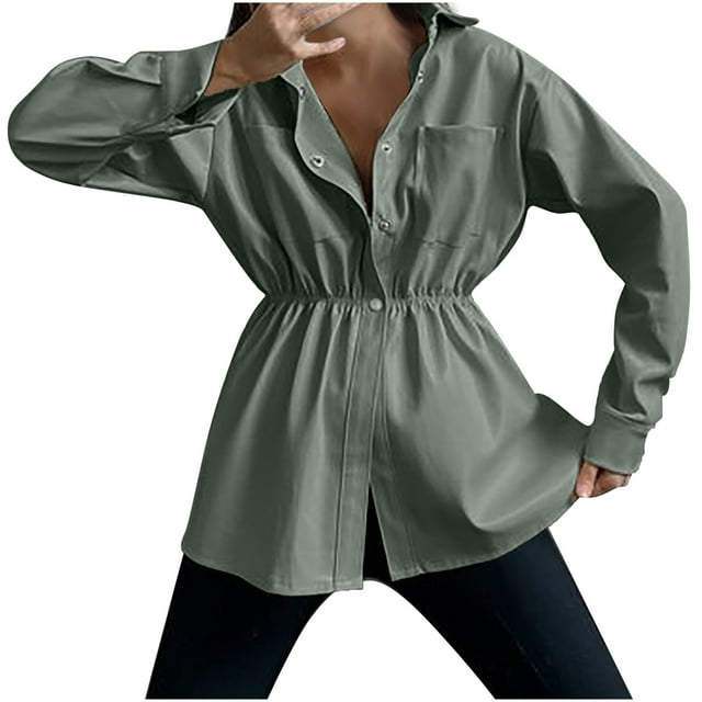IROINID Veste en Similicuir pour Femme à Manches Longues, Manteau Uni, Robe Décontractée à Col Rabattu avec Boutons, Blouse d'Automne