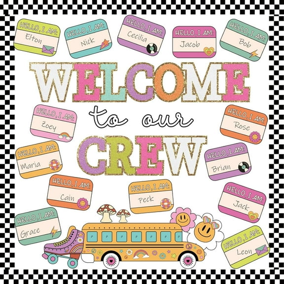 Welcome Back to School Bulletin Board Decorations Set, Groovy Classroom Decor Retro Welcome to Our Crew Classroom Decor Colorful Cutouts for Back to School Teachers Supplies Classroom Wall Door Decor