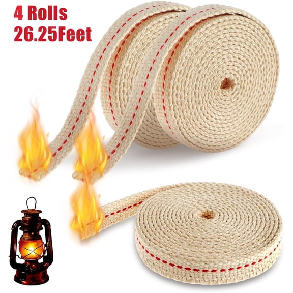 Cotton Flat Lamp Wick, Tutuviw 4 Rolls Oil Lamps Flat Cotton Oil Lamp Wick, Replacement Wick with Red Stitch for Paraffin, Oil Lamps, Kerosene Lanterns, Oil Burners, 26.25 Feet /0.5in