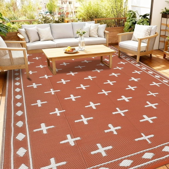 8x10ft Reversible Waterproof Outdoor Rug, Terracotta Orange