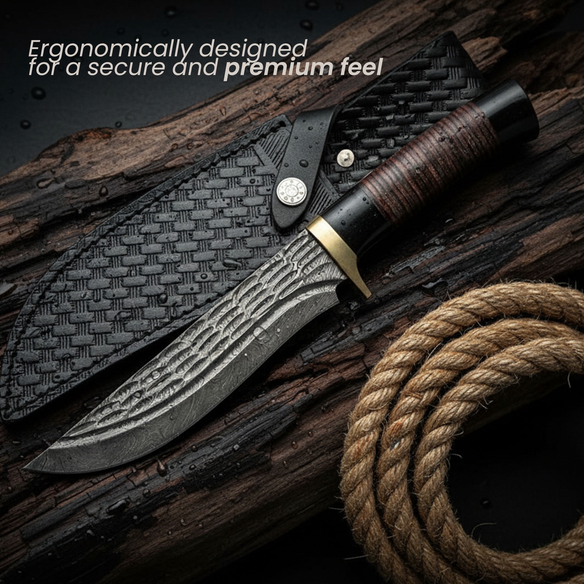 SANZ 12 Inch Wave Fixed Blade Hunting Knife Decorative Grooved Blade Brass Guard Horn and Leather Handle with Sheath Outdoor Utility Knife