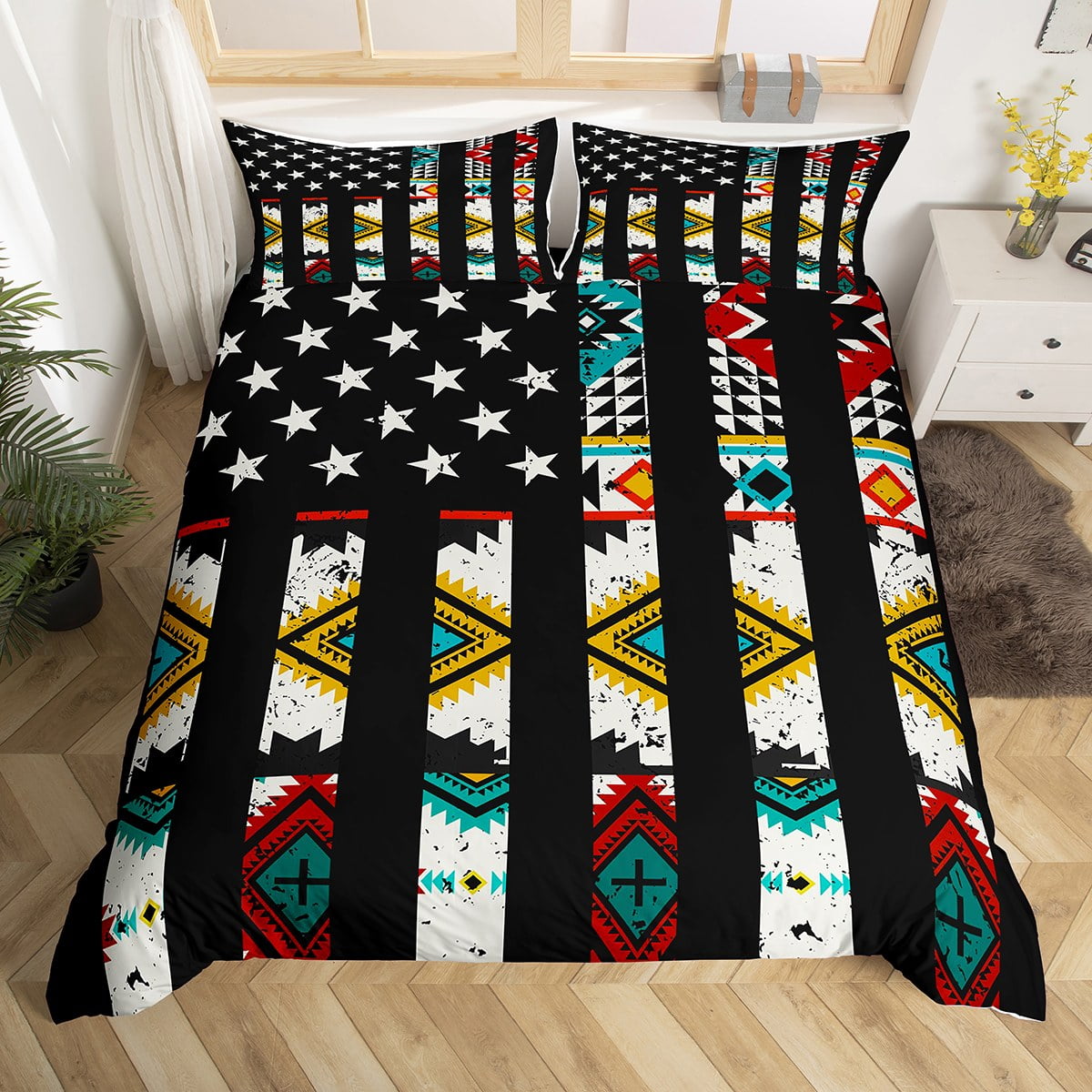 American Flag Western Bedding Sets Queen,Southwest Native Aztec