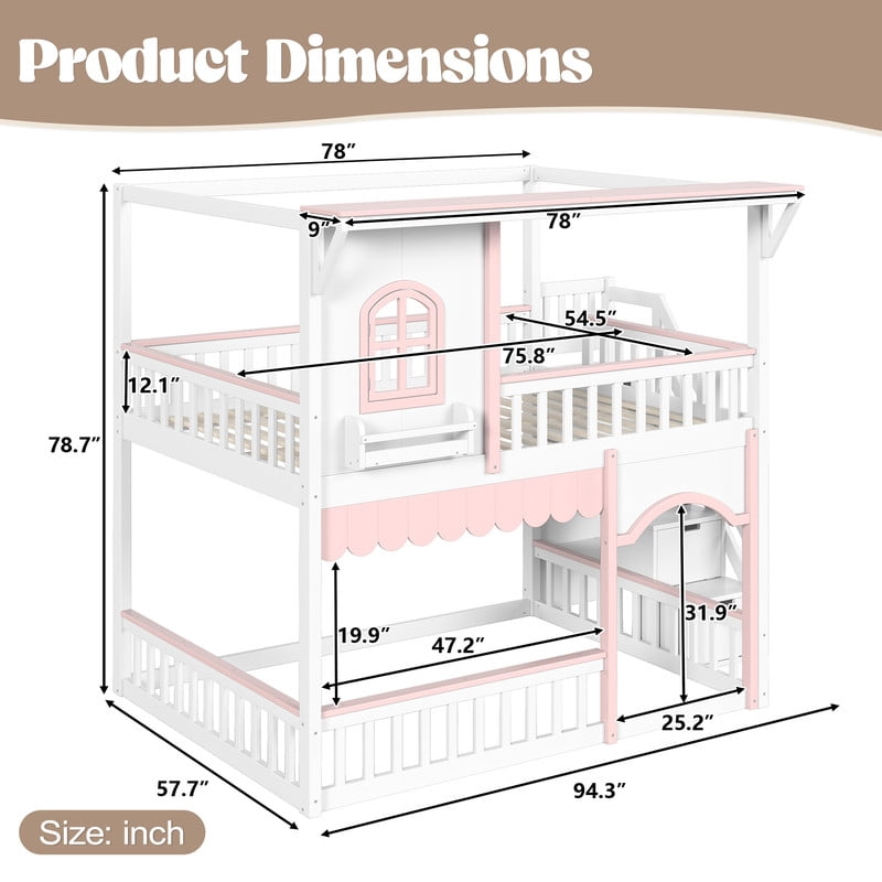 Full-Over-Full Wood Storage Bed Frame with Staircase & Small Bookshelf, Kids House Bunk Bed with Window, Eave & Door