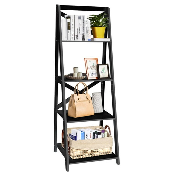 Giantex Modern 4-Tier Ladder Shelf, Free Standing Wooden  Bookcase, Organizer Shelf for Living Room Kitchen Office, Black
