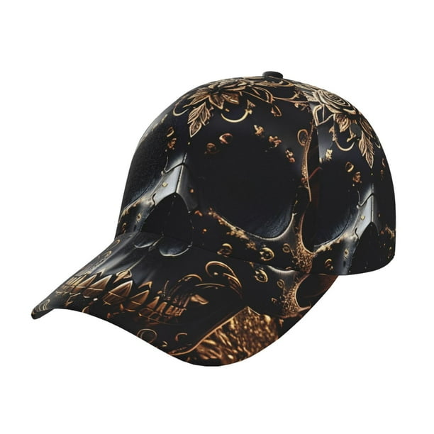 Balery Gold Pattern Black Skull Gorra de béisbol de tamaño ajustable para correr, entrenar y actividades al aire libre. Gorra de papá para todas las estaciones.