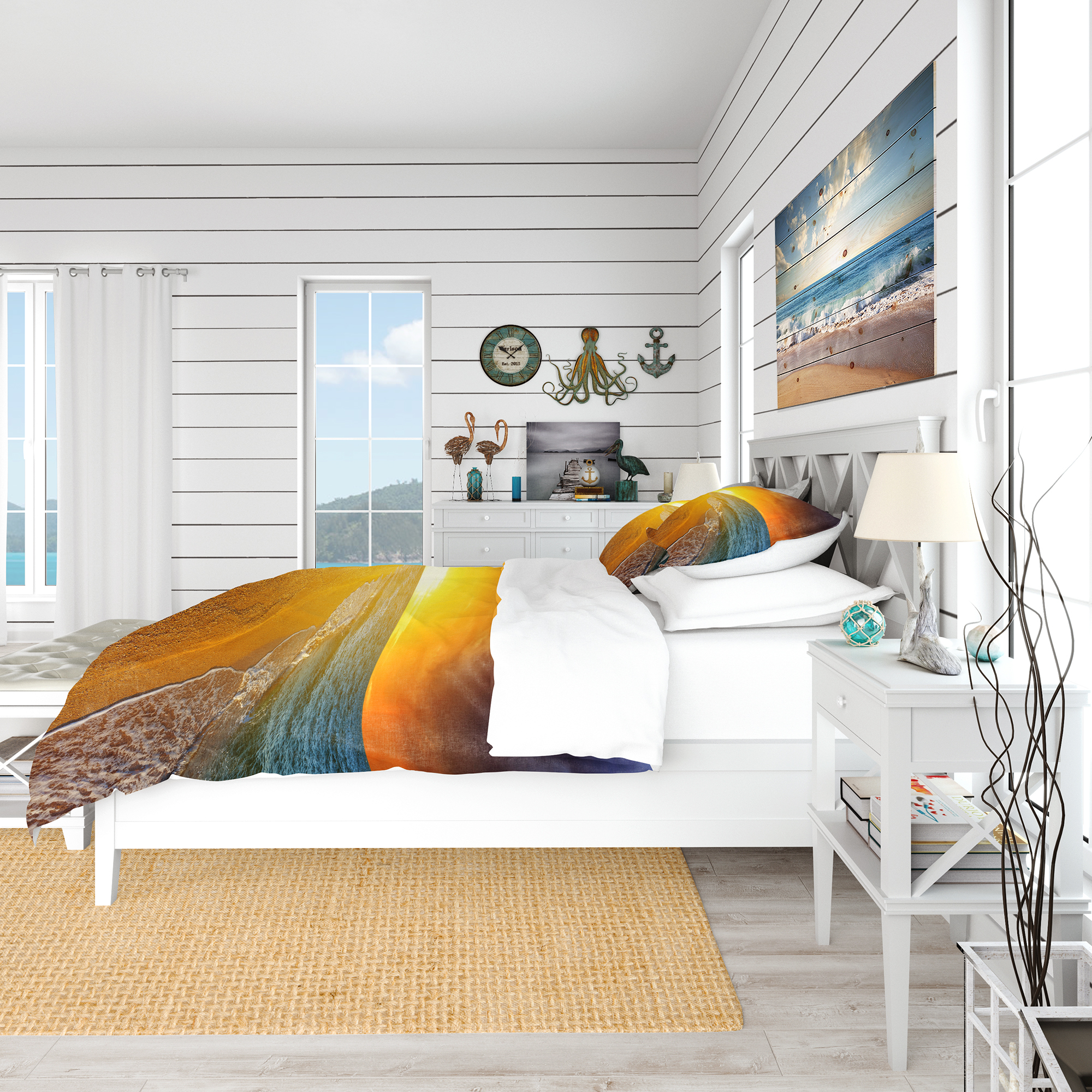 Designart 'Fantastic Yellow Sky in Blue Beach' Coastal Duvet Cover Set