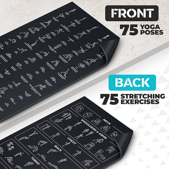 Instructional Yoga Mat with Carrying Strap: Cute Yoga Mat with 75 Illustrated Yoga Poses   75 Easily-Followed Stretching Exercises - 1/4” Thick, Non-Toxic, Non-Slip Yoga Mats for Women and Men