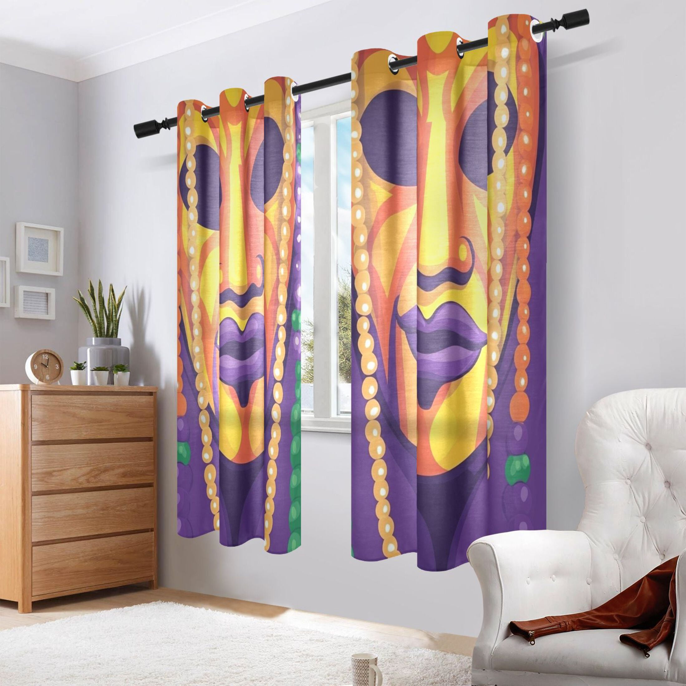 Mardi Gras Mask and Beads Semi Sheer Curtains for Living Room Bedroom Set of 2 Insulated Window Drapes