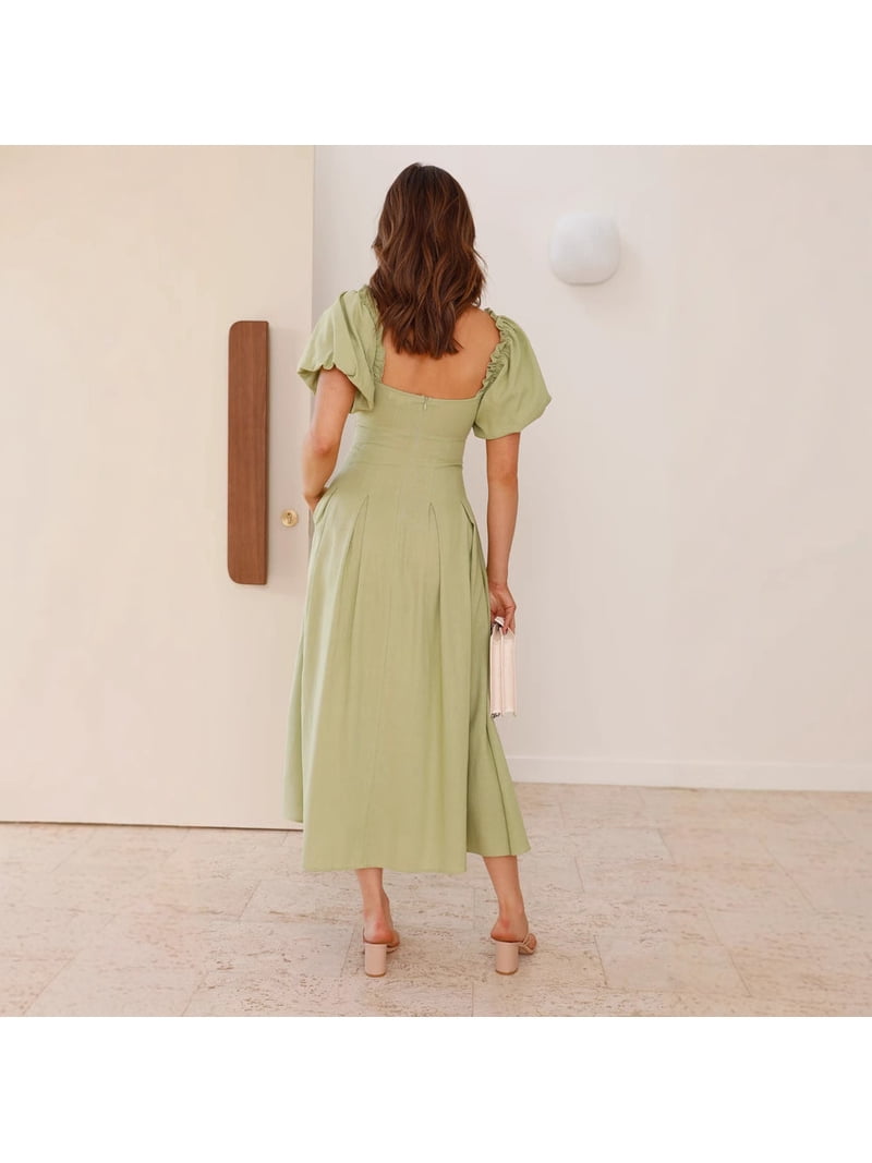 2026 New Women's Sage Green Midi Dress with Twist Front Cutout, Puff Sleeve A-Line with Pockets