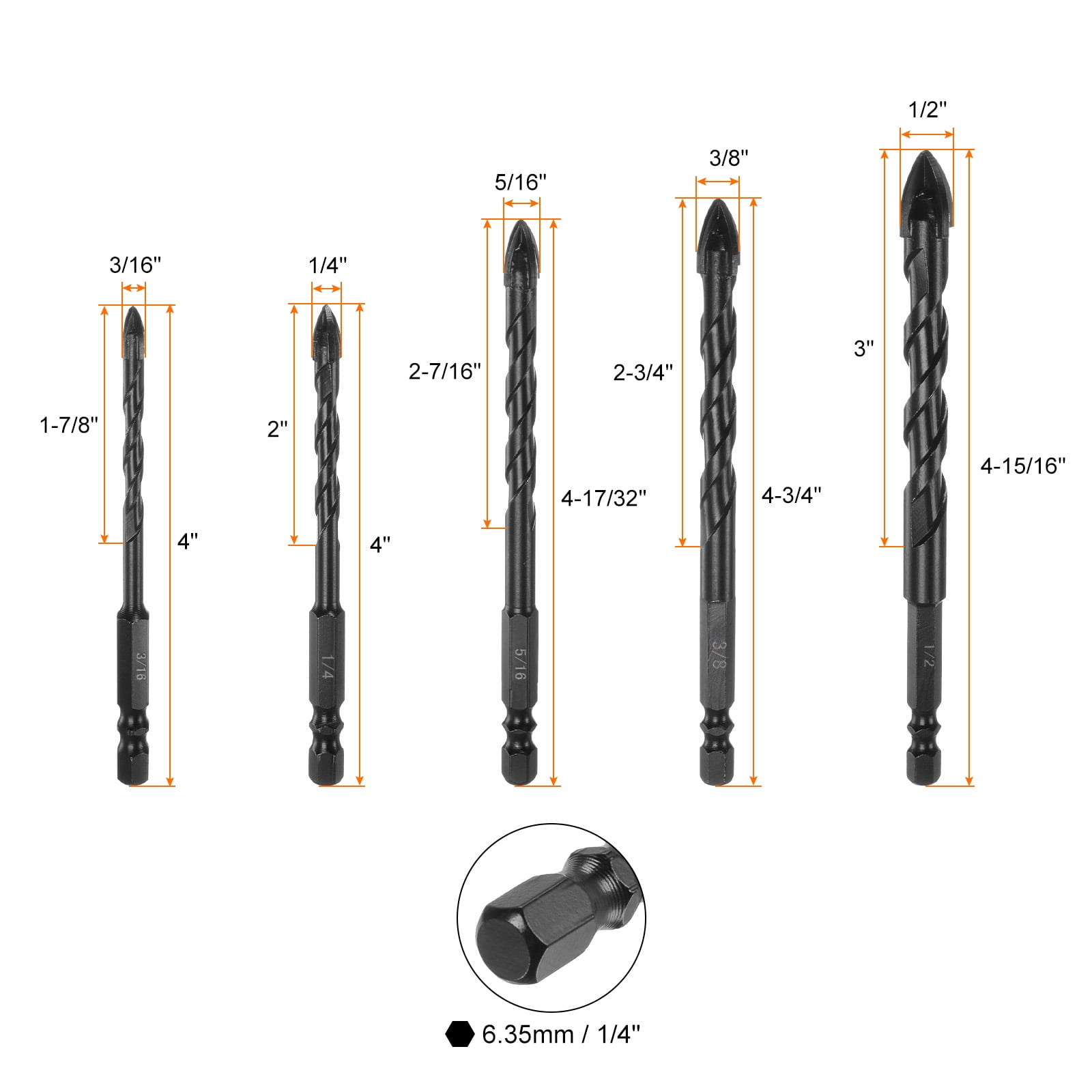 Uxcell 10 Packs 3/16" 3/16" 1/4" 1/4" 1/4" 1/4" 5/16" 5/16" 3/8" 1/2" Concrete Masonry Drill Bit Set