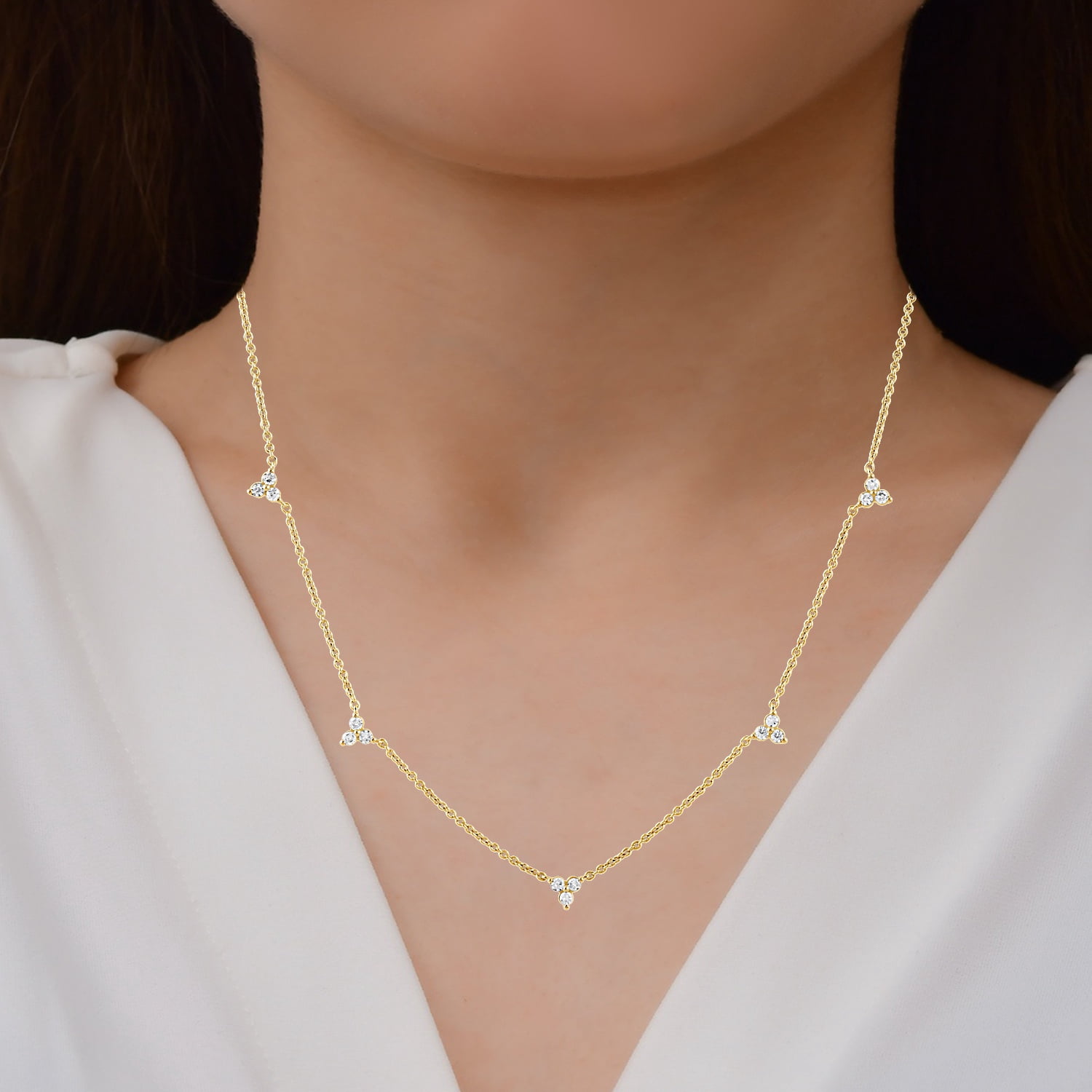 Brilliance Fine Jewelry Lab-Grown Diamond Cluster Station Necklace in Yellow Gold-Plated Silver