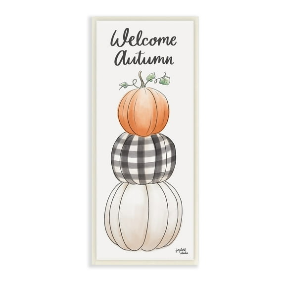 Stupell Industries Welcome Autumn Seasonal Tartan Pumpkin Patterns Graphic Art Unframed Art Print Wall Art, Design by Jess Baskin