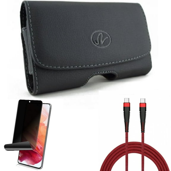 Privacy Screen Protector w Case Belt Clip w 10ft PD Cable for Samsung Galaxy S21 Plus - TPU Film Fingerprint Works, Leather Swivel, Type-C to USB-C Charger Cord Accessory Bundle