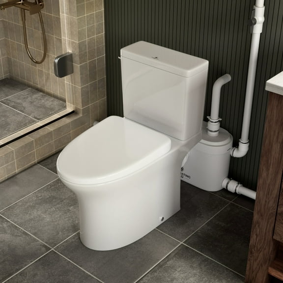 MaceratingFlo Upflush Toilet for Basement with 750W Macerator Pump, 4 Water Inlets, Chair-Height & 1.28 GPF Rimless Flush, Includes Two Extension Pipes